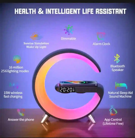 Multifunctional device with LED display and colorful lighting on a dark background