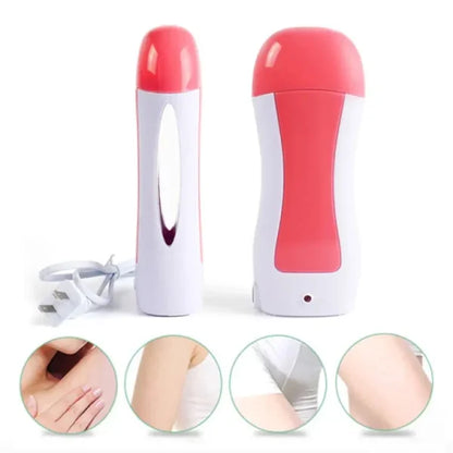 Two handheld devices with a red top and white body, accompanied by insets showing skin before and after use.