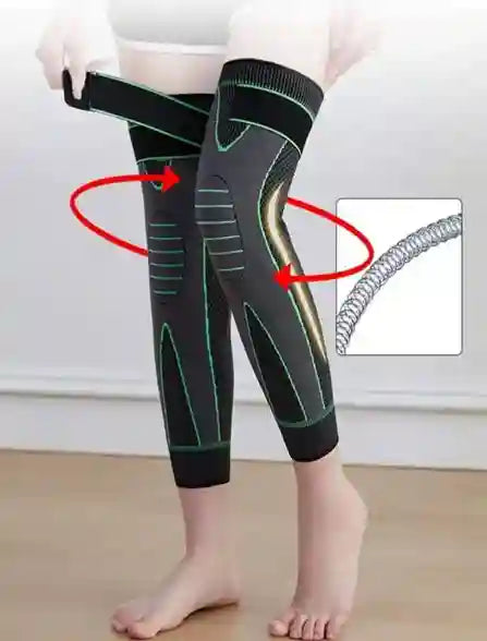 Person wearing a black compression leg sleeve with a close-up inset showing a coiled hose.