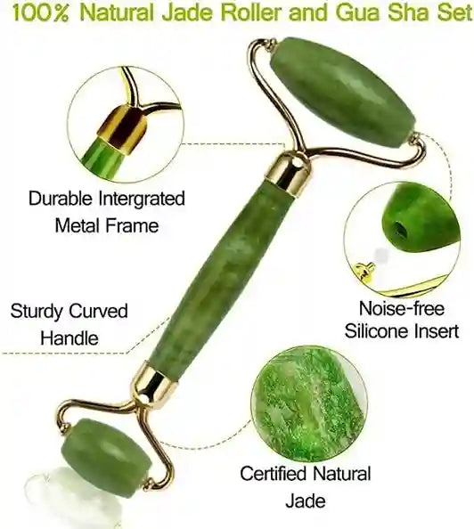 100% Natural Jade Roller and Gua Sha Set with features highlighted