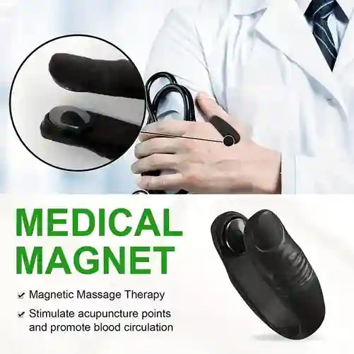 Medical magnet with a doctor holding it, labeled for magnetic massage therapy.