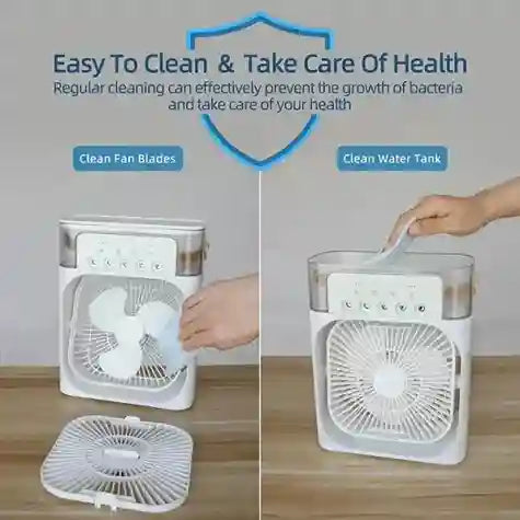 Portable fan with cleaning instructions on a wooden surface