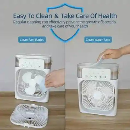 Portable fan with cleaning instructions on a wooden surface