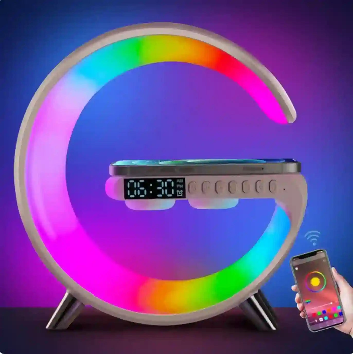 Colorful LED night light with digital display and smartphone control on a dark background