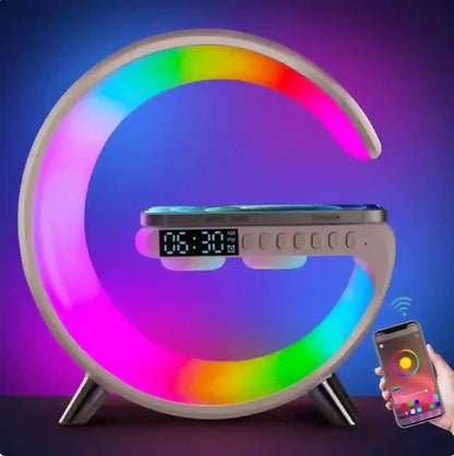 Colorful LED night light with digital display and smartphone control on a dark background