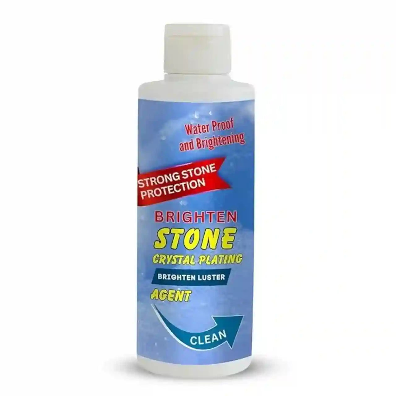 Bottle of stone cleaning and protection agent with text on a white background