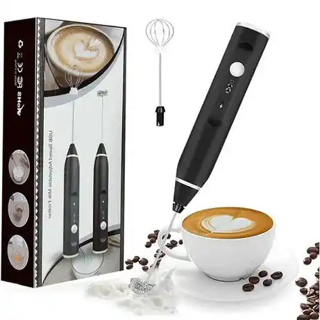 Black milk frother with a cup of coffee and packaging on a white background