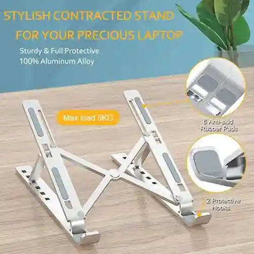 Stylish contracted stand for laptop with aluminum alloy material on a wooden surface.