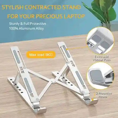 Stylish contracted stand for laptop with aluminum alloy material on a wooden surface.