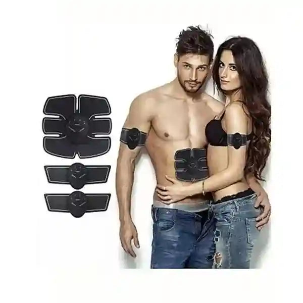 Man and woman wearing electronic muscle stimulators with product packaging on a white background