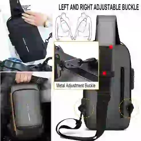 Black bag with adjustable buckle feature, shown from multiple angles.