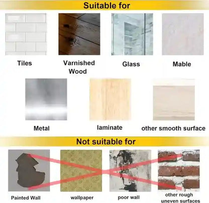 Compatibility chart for different surfaces with suitable and unsuitable options.