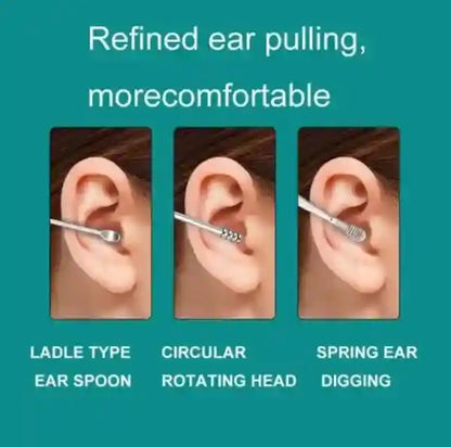 Three stages of using an ear cleaning tool on an ear, with text describing different types of ear cleaning tools.