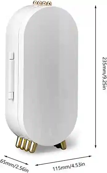 White electronic device with gold accents and dimensions displayed on a white background