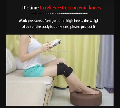 Person sitting on a couch with a knee brace on, text about knee stress relief.
