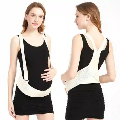 Woman wearing a back brace, shown from front and back views, on a white background.