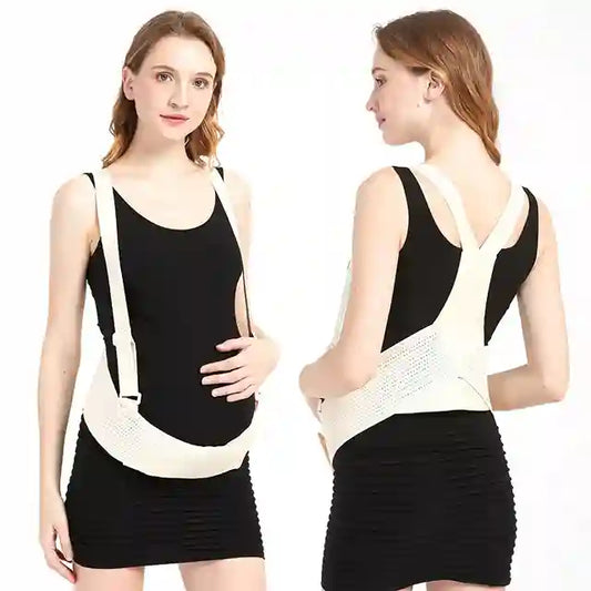 Woman wearing a back brace, shown from front and back views, on a white background.