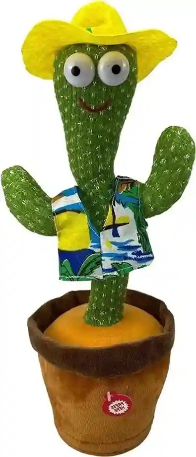 Plush cactus toy with a yellow hat and colorful shorts in a pot on a white background