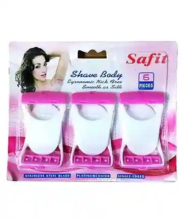 Packaging of Safit shave body products with a woman's face on it.