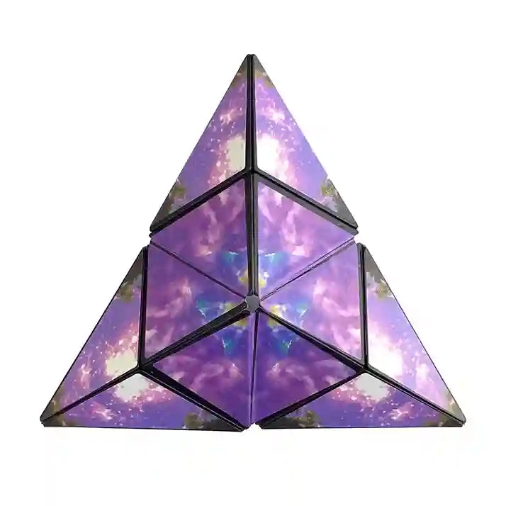 Geometric pyramid with a purple and pink nebula design on a white background