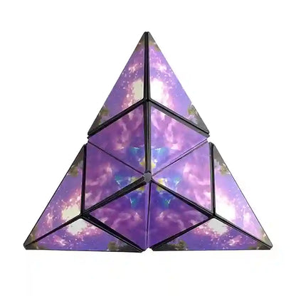 Geometric pyramid with a purple and pink nebula design on a white background