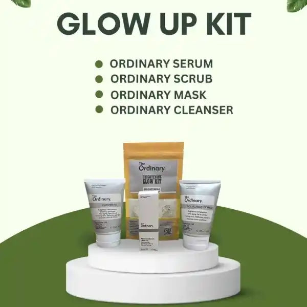 Skincare product set with 'The Ordinary' branding on a green background