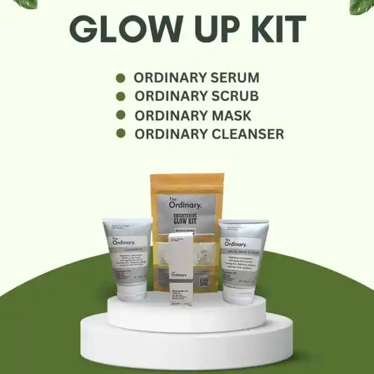 Skincare product set with 'The Ordinary' branding on a green background
