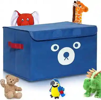 Blue toy storage box with a bear face design, containing stuffed animals on a white background