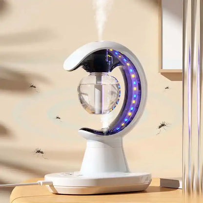 Mosquito repellent device on a table with mosquitoes around it.
