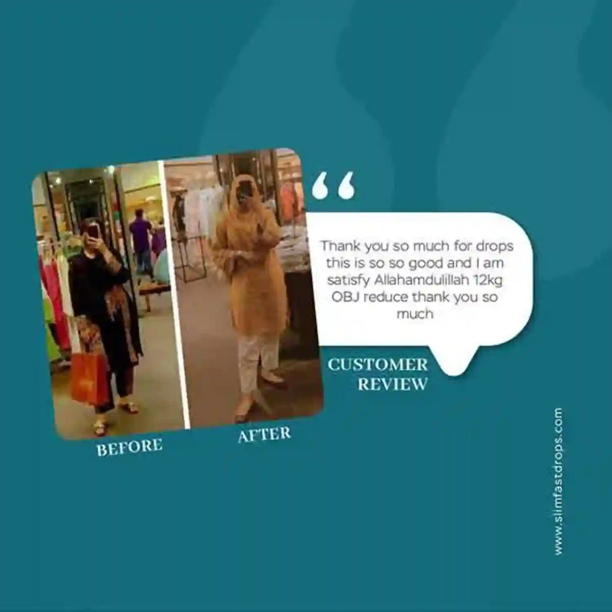 Before and after comparison of a person in a store with a customer review on a teal background.