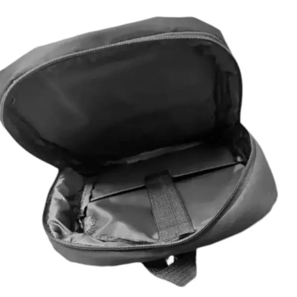 Black backpack with open front compartment on a white background