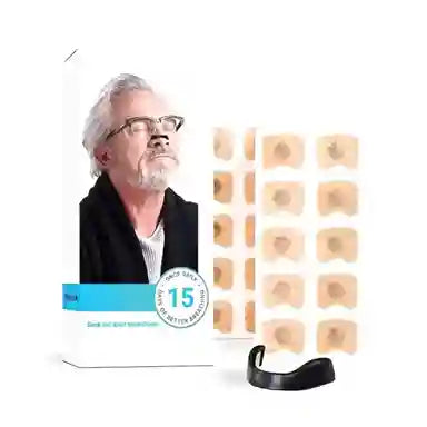 Packaging of adhesive patches with a man's face on a white background