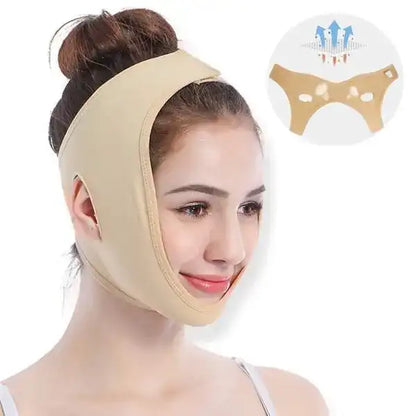 Woman wearing a beige face and neck lifting mask with inset showing product design.