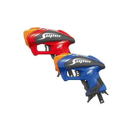 Red and blue toy guns with 'Super' branding on a white background