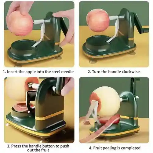 Step-by-step guide on using a manual apple peeler with images and text instructions.