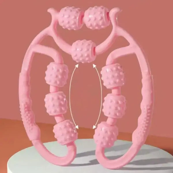 Pink neck massager on a light blue stand with a pink background