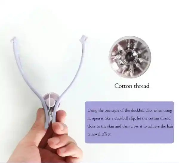 Hair removal tool with cotton thread and text explaining its use on a white background