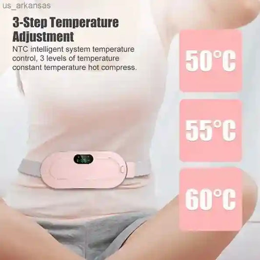 Pink temperature control device on a person's waist with temperature display and adjustment options.