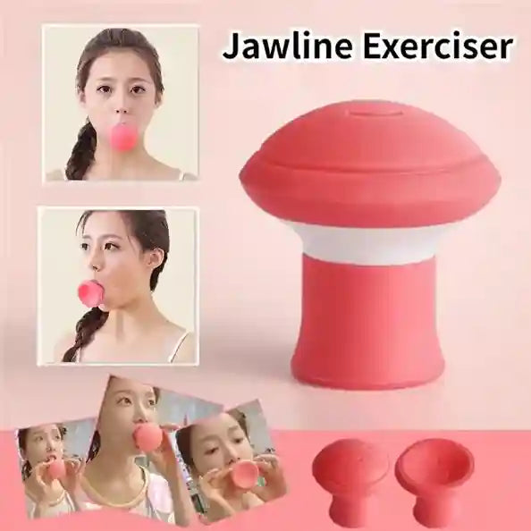 Red jawline exerciser with images of a woman using it on a pink background
