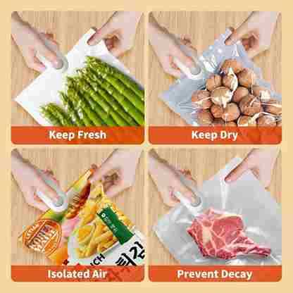 Hands using a food sealing device on various foods with text indicating benefits.
