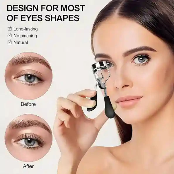 Woman using an eyelash curler with before and after comparisons on a beige background