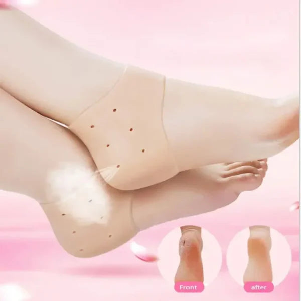 Compression stockings being worn on a leg with insets showing before and after effects on a pink background.
