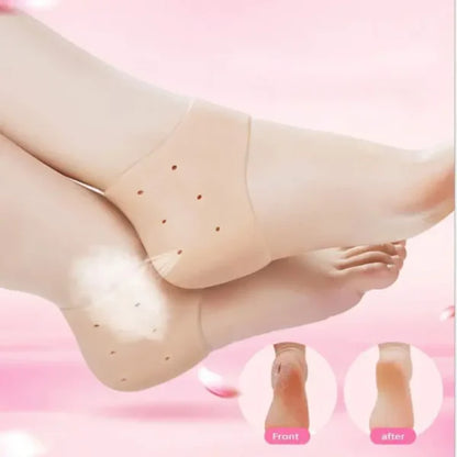 Compression stockings being worn on a leg with insets showing before and after effects on a pink background.
