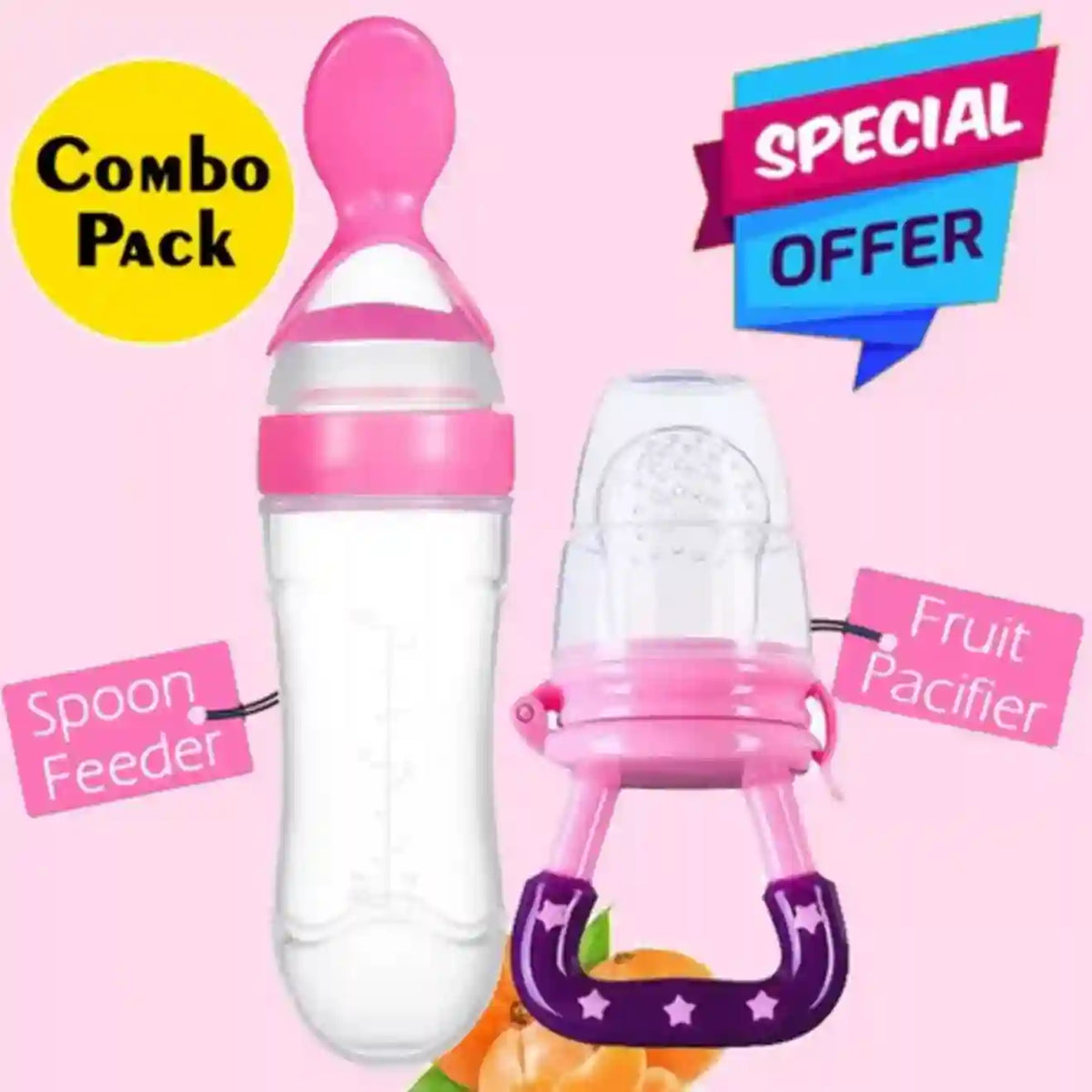 Combo pack of spoon feeder and fruit pacifier with promotional text on a pink background