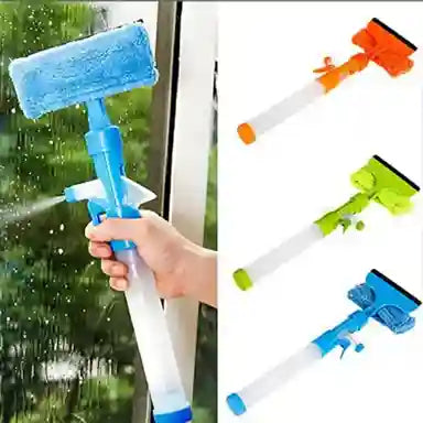 Window cleaning tool set with spray bottle, squeegee, and scrubber on a white background