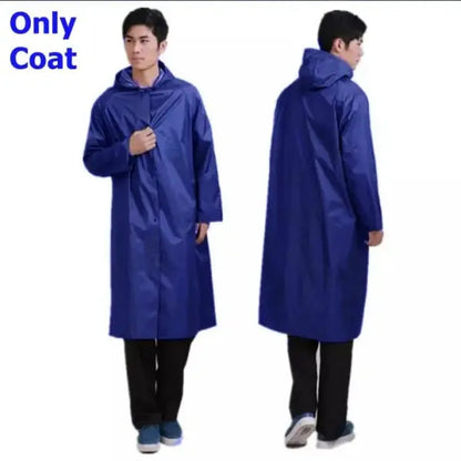 Blue raincoat shown from front and back on a white background