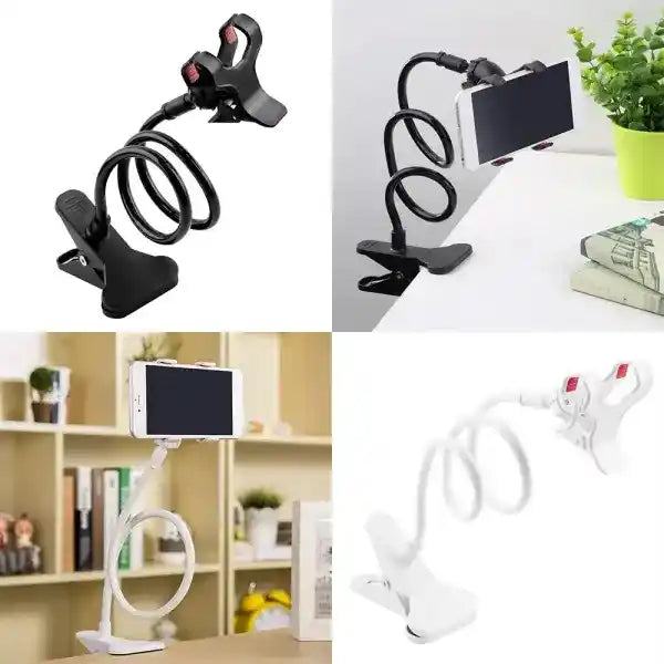 Collage of phone holders in different styles and colors on a white background.