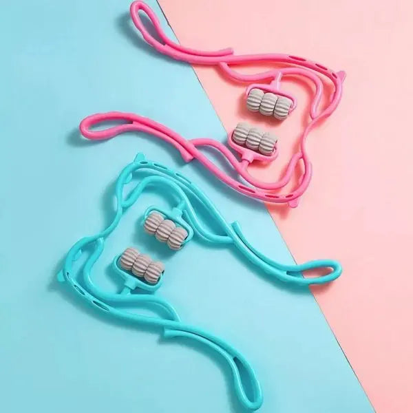 Two handheld massagers, one pink and one blue, on a two-tone pink and blue background.