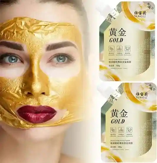 Woman wearing a gold face mask with YABAO LI packaging in the corner.