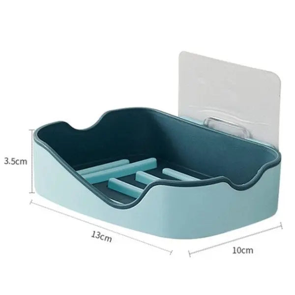 Blue wall-mounted soap holder with dimensions on a white background